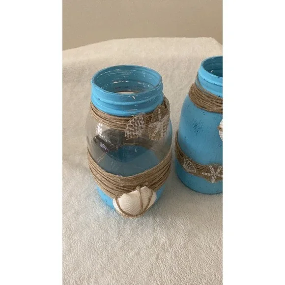 Set of 2 Beach Theme Jars Ball Canning Jar Handmade Aqua Blue Large - Picture 2 of 6